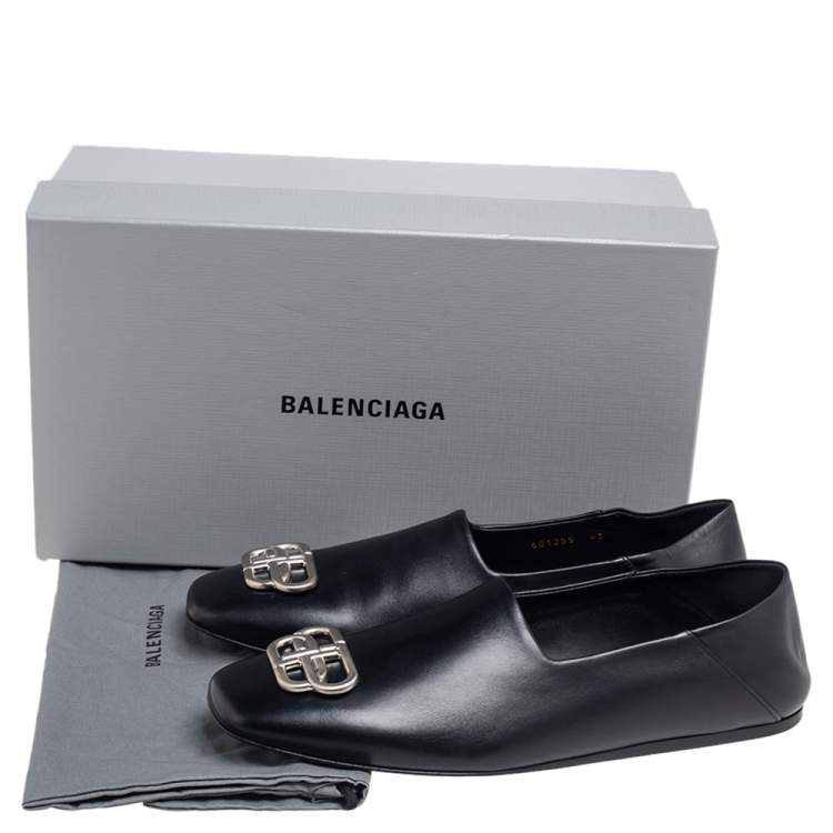 Pre Owned Balenciaga Black Leather BB Slip On Loafers Size 43