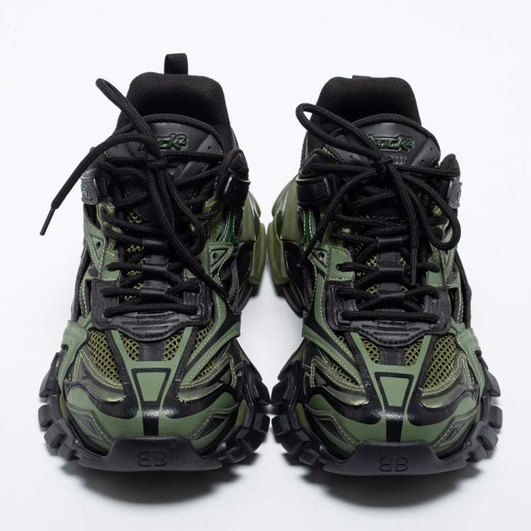 Pre Owned Balenciaga  Green/Black Leather and Mesh Track Sneakers Size 40