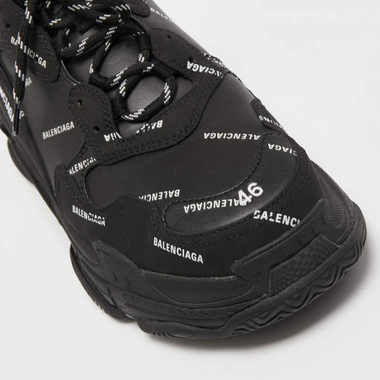 Pre Owned Balenciaga Black Logo Print Leather Triple S Sneakers Size 46