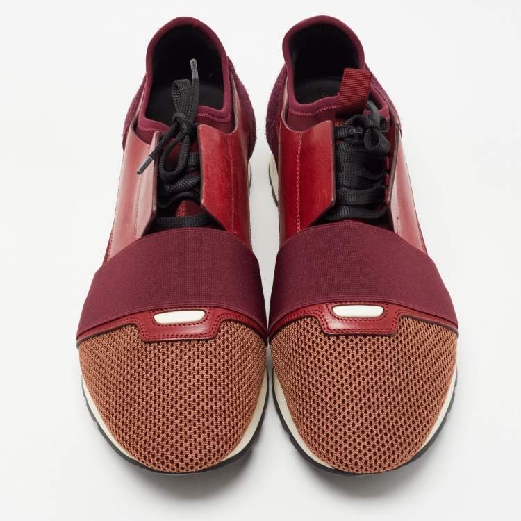 Pre Owned Balenciaga Burgundy/Brown Leather and Mesh Race Runner Sneakers Size 45