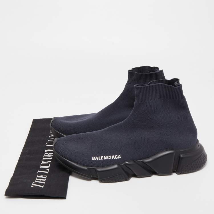 Pre Owned Balenciaga Navy Blue Knit Fabric Speed Trainer Sneakers Size 39