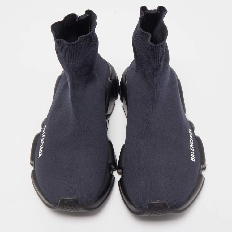 Pre Owned Balenciaga Navy Blue Knit Fabric Speed Trainer Sneakers Size 39