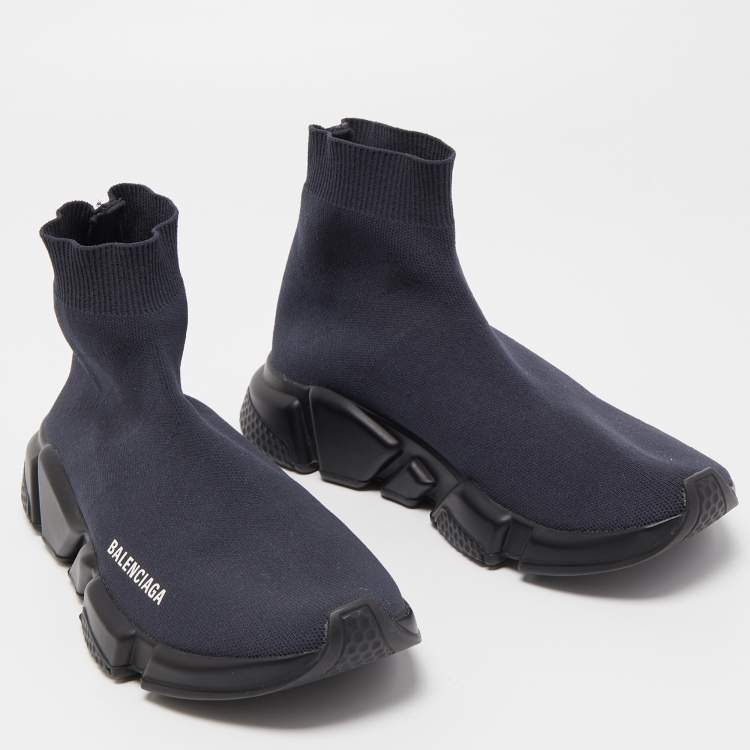 Pre Owned Balenciaga Navy Blue Knit Fabric Speed Trainer Sneakers Size 39