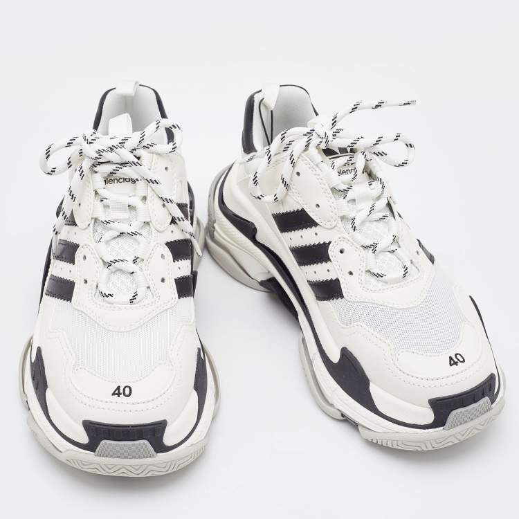 Pre Owned Balenciaga White/Black Leather and Mesh Triple S Sneakers Size 40