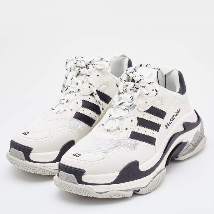 Pre Owned Balenciaga White/Black Leather and Mesh Triple S Sneakers Size 40