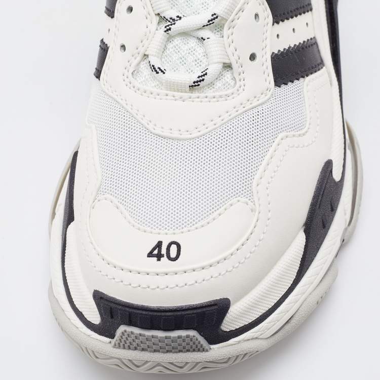Pre Owned Balenciaga White/Black Leather and Mesh Triple S Sneakers Size 40