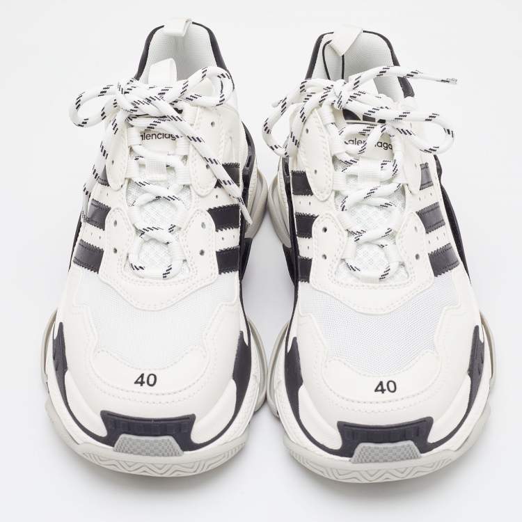 Pre Owned Balenciaga White/Black Leather and Mesh Triple S Sneakers Size 40