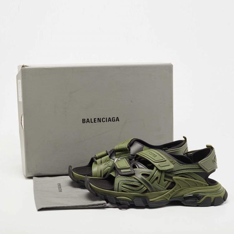 Pre Owned Balenciaga Green/Black Rubber and Faux Leather Velcro Strap Flat Sandals Size 45