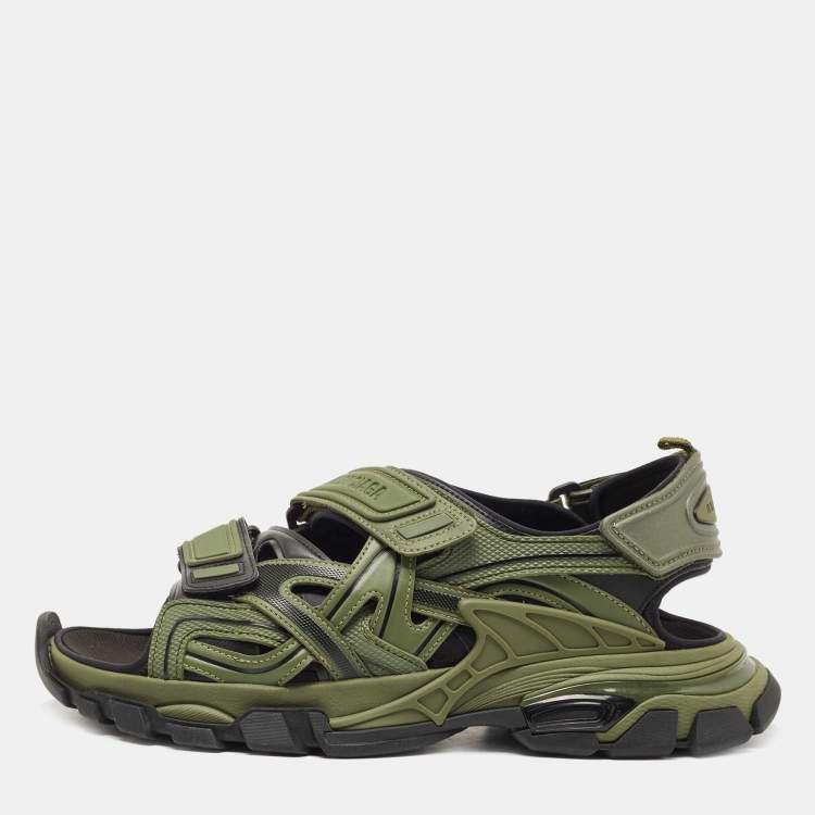 Pre Owned Balenciaga Green/Black Rubber and Faux Leather Velcro Strap Flat Sandals Size 45