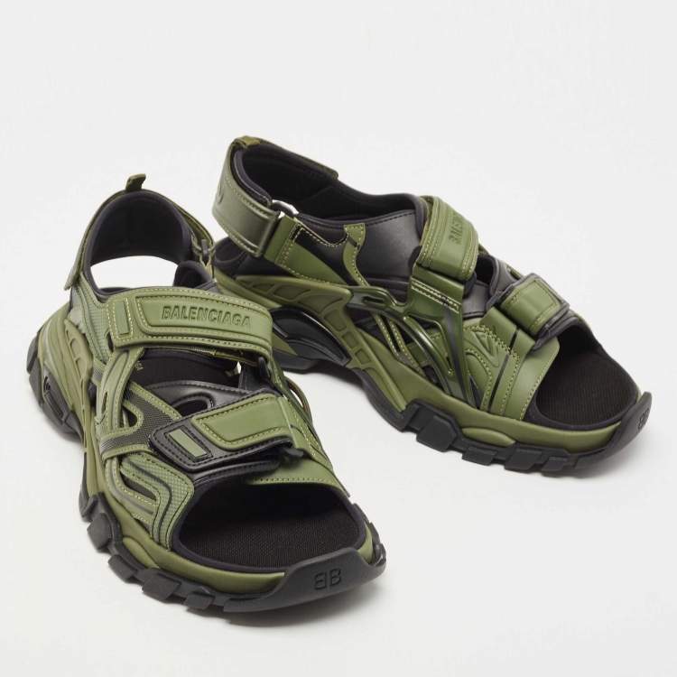 Pre Owned Balenciaga Green/Black Rubber and Faux Leather Velcro Strap Flat Sandals Size 45
