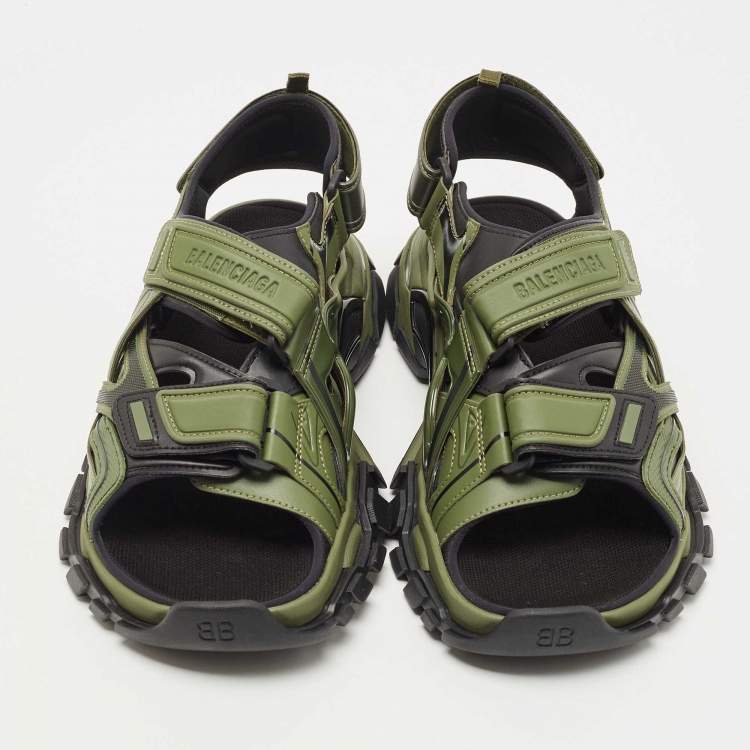 Pre Owned Balenciaga Green/Black Rubber and Faux Leather Velcro Strap Flat Sandals Size 45