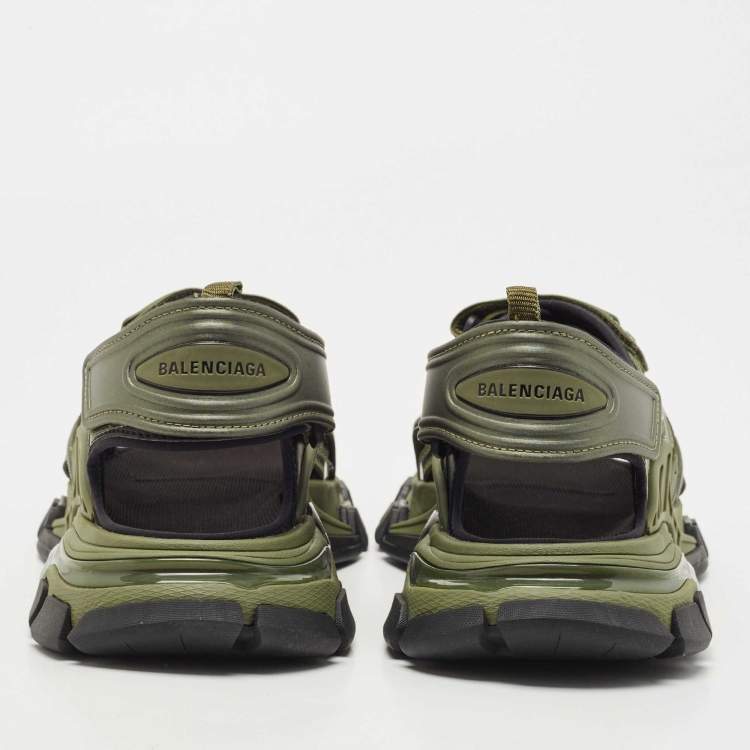 Pre Owned Balenciaga Green/Black Rubber and Faux Leather Velcro Strap Flat Sandals Size 45