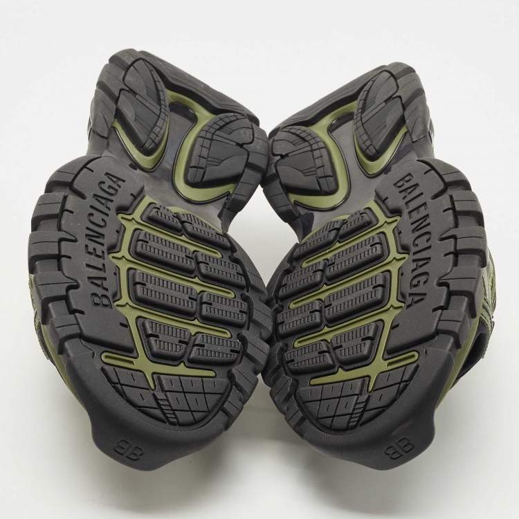 Pre Owned Balenciaga Green/Black Rubber and Faux Leather Velcro Strap Flat Sandals Size 45