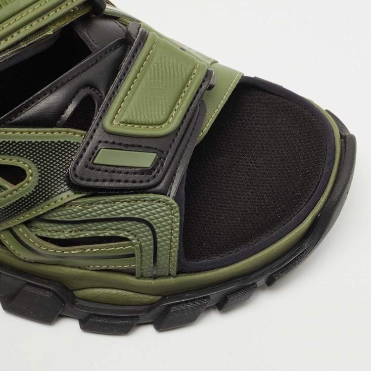 Pre Owned Balenciaga Green/Black Rubber and Faux Leather Velcro Strap Flat Sandals Size 45
