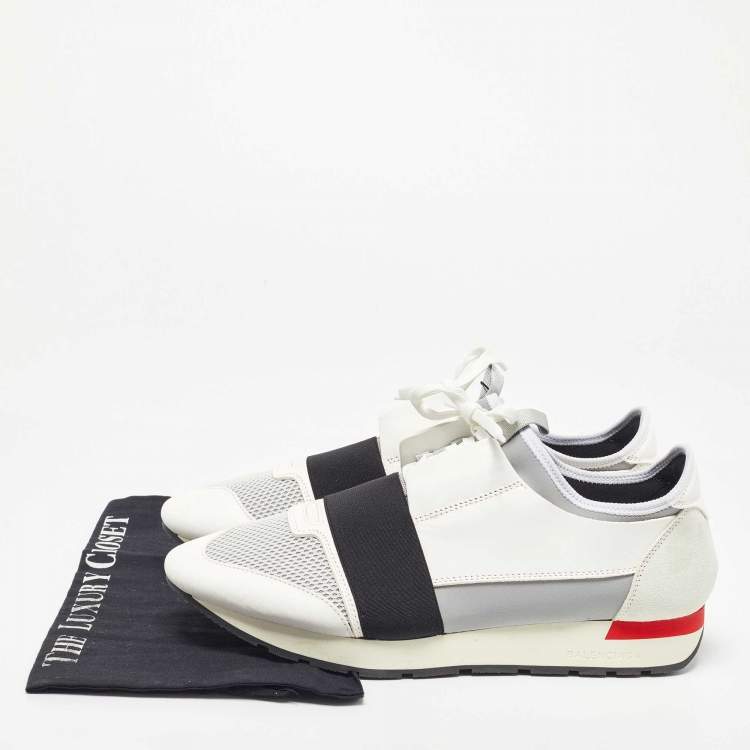 Pre Owned Balenciaga White/Black Leather and Mesh Race Runner Sneakers Size 44
