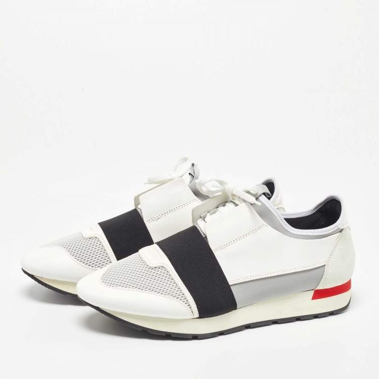 Pre Owned Balenciaga White/Black Leather and Mesh Race Runner Sneakers Size 44
