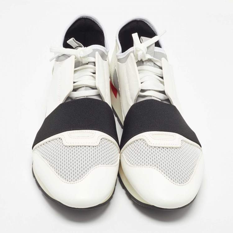 Pre Owned Balenciaga White/Black Leather and Mesh Race Runner Sneakers Size 44