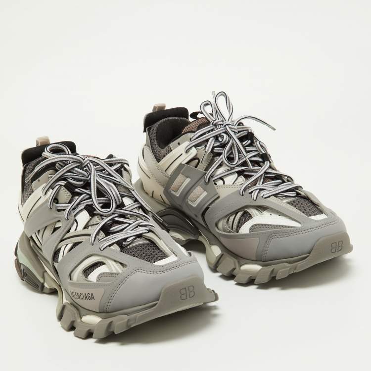 Pre Owned Balenciaga Grey Leather and Mesh Track Sneakers Size 41