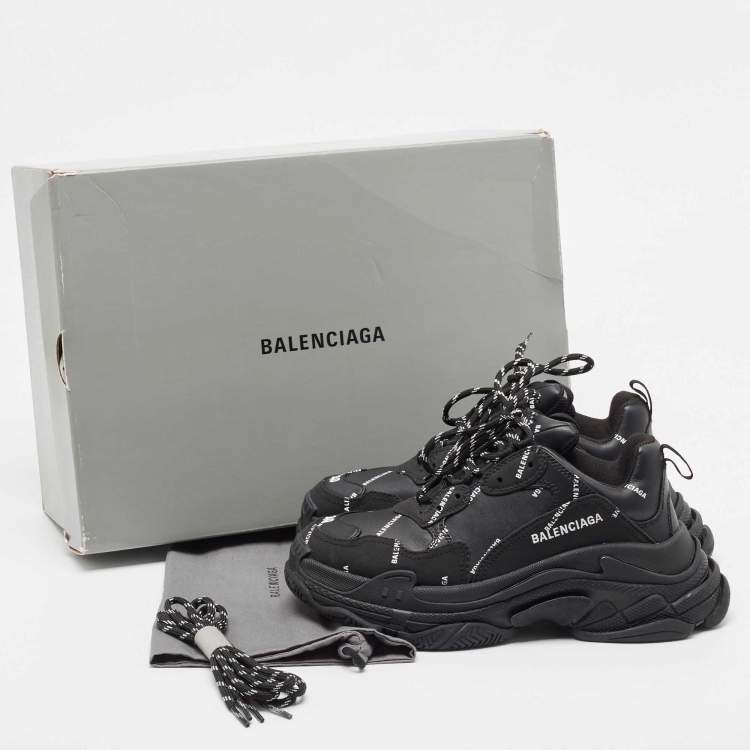 Pre Owned Balenciaga Black Faux Leather and Nubuck Allover Logo Triple S Sneakers Size 40