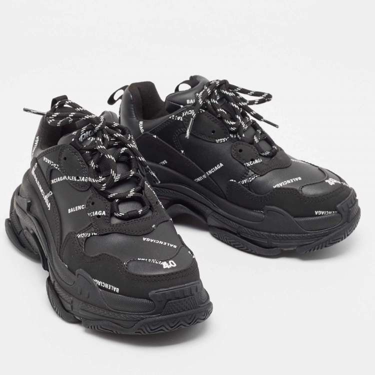 Pre Owned Balenciaga Black Faux Leather and Nubuck Allover Logo Triple S Sneakers Size 40