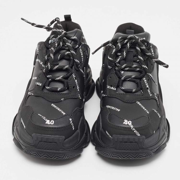 Pre Owned Balenciaga Black Faux Leather and Nubuck Allover Logo Triple S Sneakers Size 40