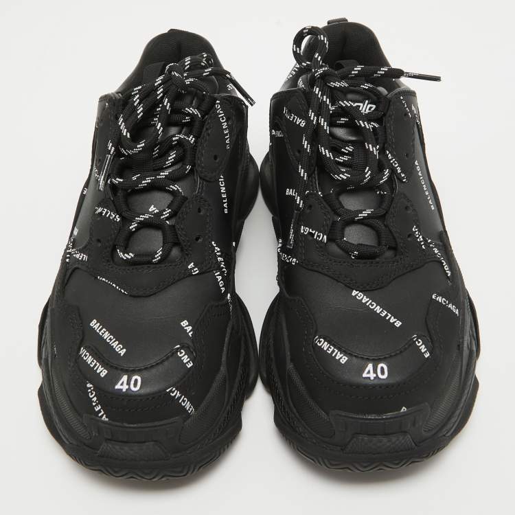 Pre Owned Balenciaga Black Faux Leather Allover Logo Triple S Sneakers Size 40