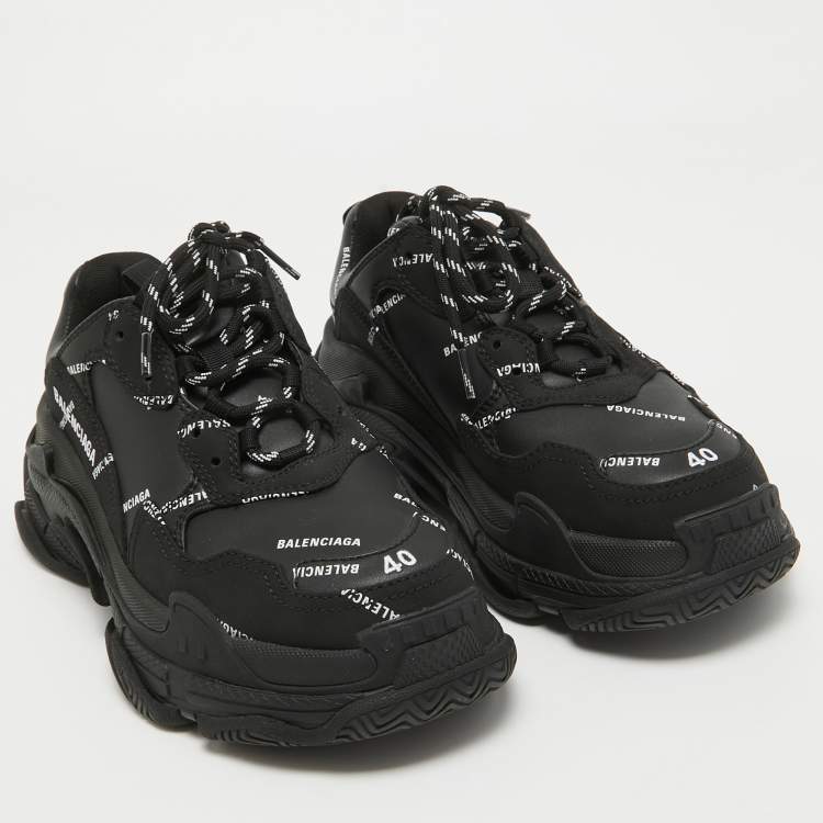 Pre Owned Balenciaga Black Faux Leather Allover Logo Triple S Sneakers Size 40