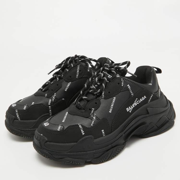 Pre Owned Balenciaga Black Faux Leather Allover Logo Triple S Sneakers Size 40