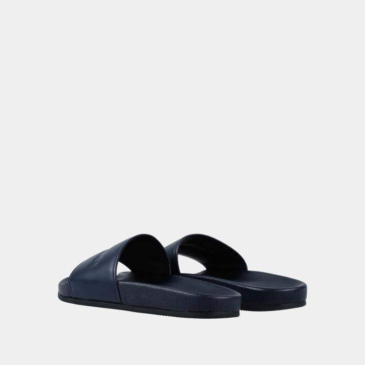Pre Owned Balenciaga Navy Blue Leather Pool Slides 39