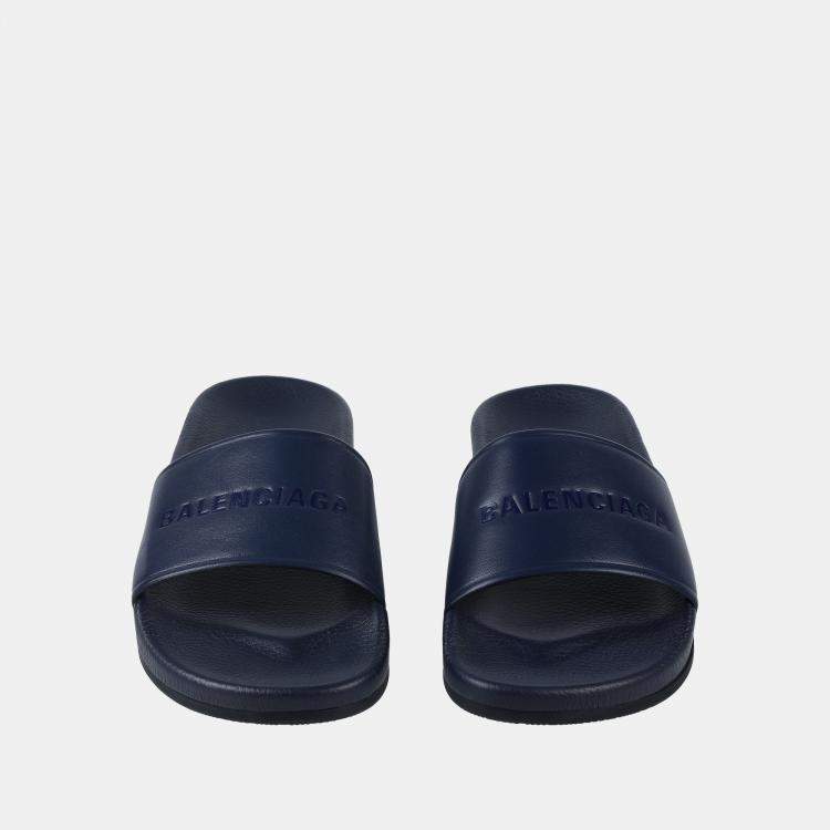 Pre Owned Balenciaga Navy Blue Leather Pool Slides 39