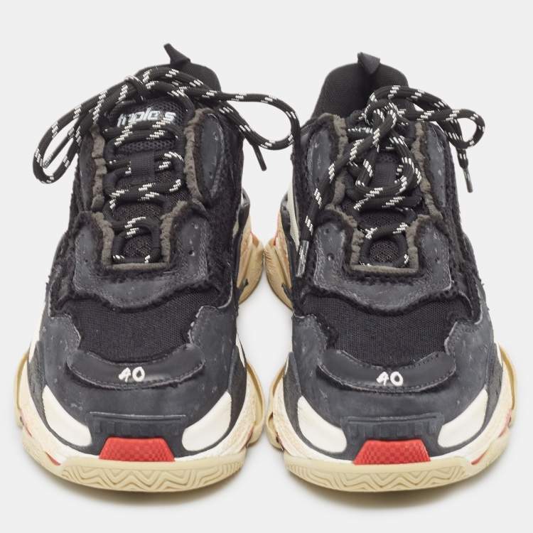 Pre Owned Balenciaga Black Faux Leather and Mesh Distressed Triple S Sneakers Size 40