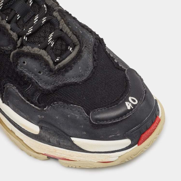 Pre Owned Balenciaga Black Faux Leather and Mesh Distressed Triple S Sneakers Size 40