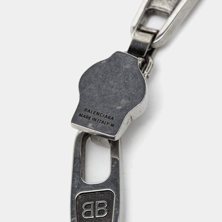 Pre Owned Balenciaga Silver Tone Zip Logo Motif Link Bracelet M