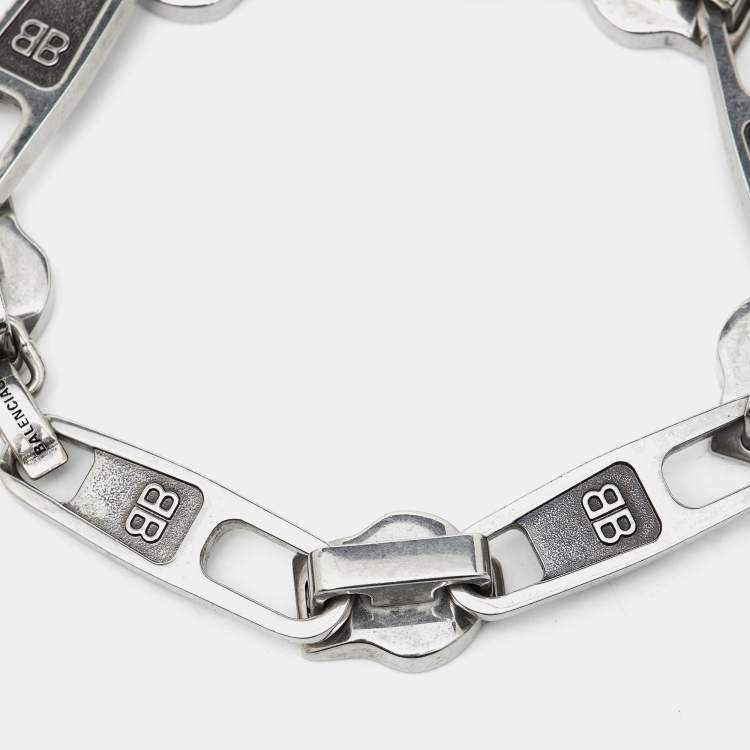Pre Owned Balenciaga Silver Tone Zip Logo Motif Link Bracelet M