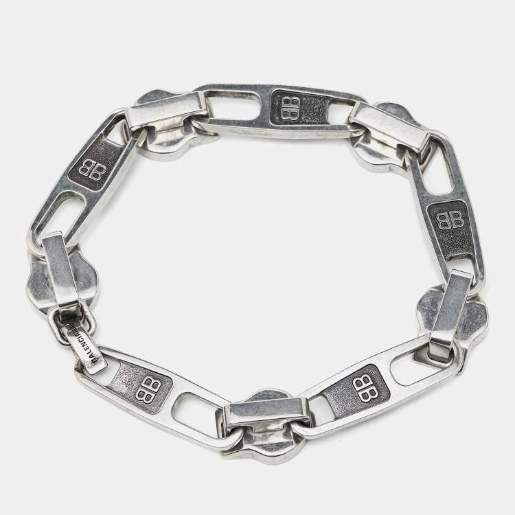 Pre Owned Balenciaga Silver Tone Zip Logo Motif Link Bracelet M