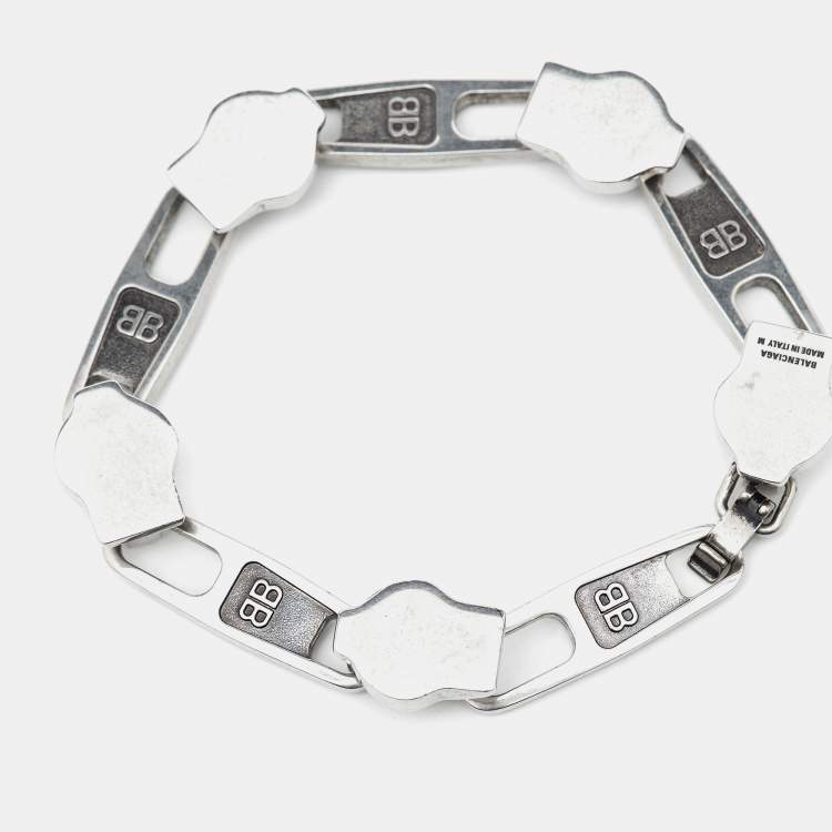 Pre Owned Balenciaga Silver Tone Zip Logo Motif Link Bracelet M