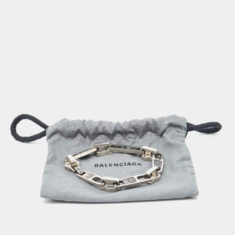 Pre Owned Balenciaga Silver Tone Zip Logo Motif Link Bracelet M