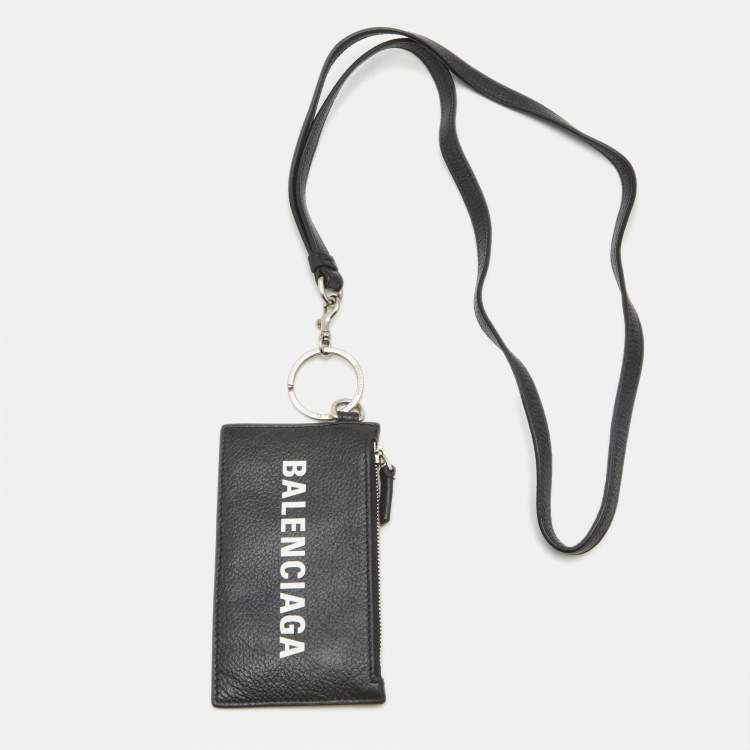 Pre Owned Balenciaga Cash Card Case On Keychain Black Leather 