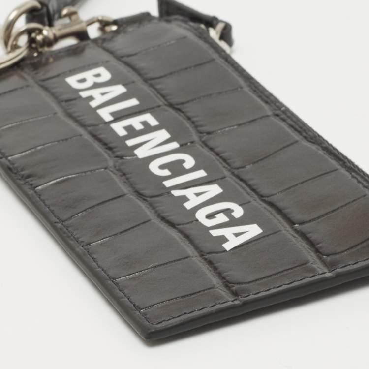 Pre Owned Balenciaga Dark Grey Crocodile Embossed Leather Card Holder Lanyard 