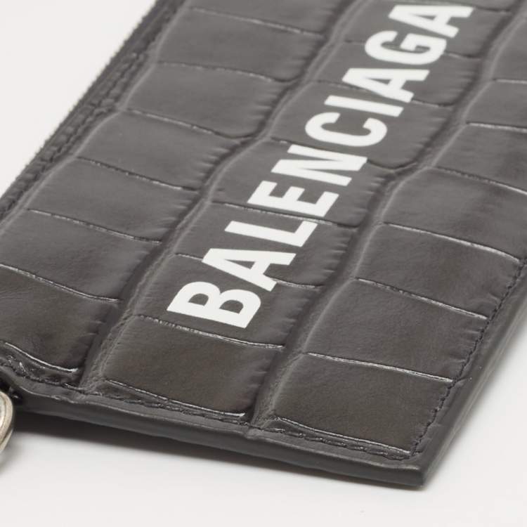 Pre Owned Balenciaga Dark Grey Crocodile Embossed Leather Card Holder Lanyard 