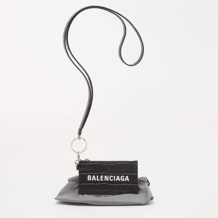Pre Owned Balenciaga Dark Grey Crocodile Embossed Leather Card Holder Lanyard 