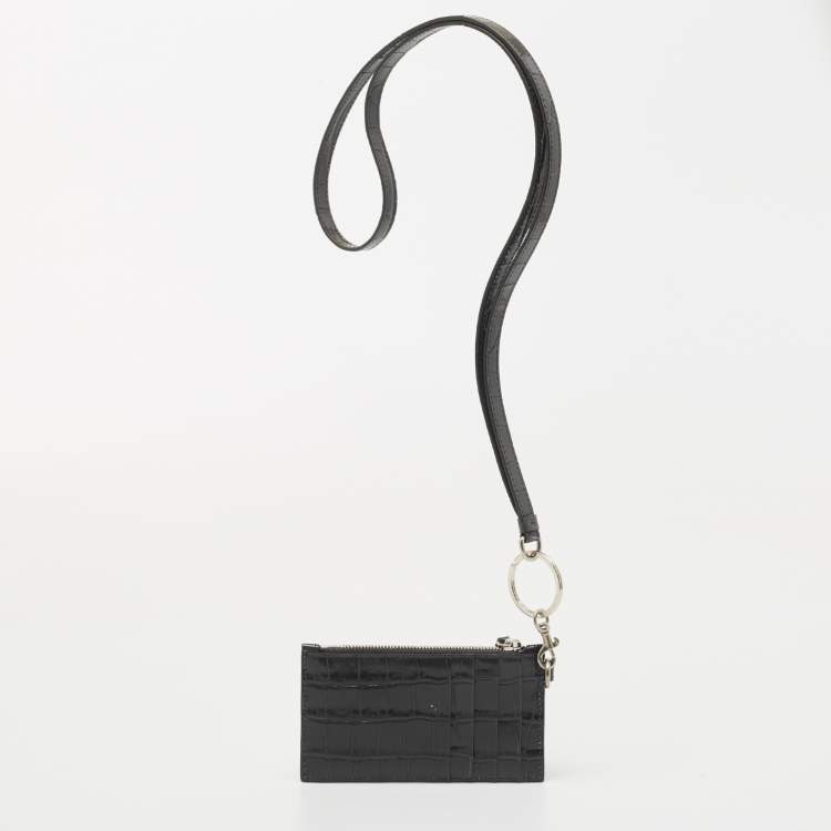 Pre Owned Balenciaga Dark Grey Crocodile Embossed Leather Card Holder Lanyard 