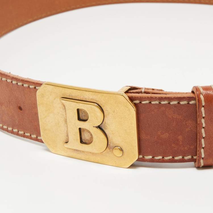 مملوكة مسبقًا Balenciaga Brown Leather B Logo Plague Belt 100CM