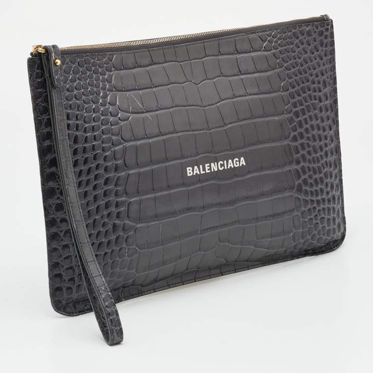 Pre Owned Balenciaga Grey Croc Embossed Leather Flat Zip Pouch