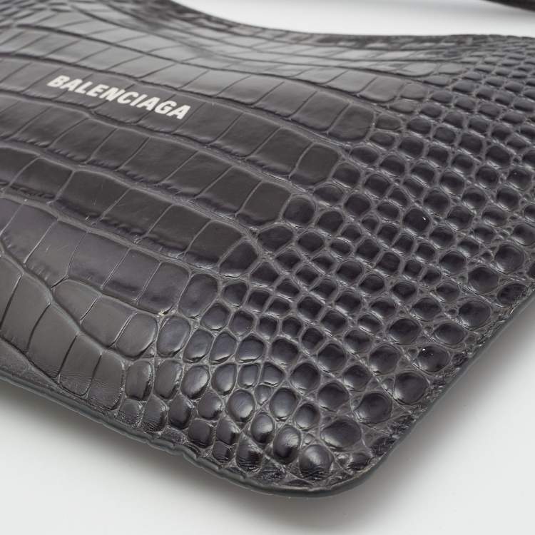 Pre Owned Balenciaga Grey Croc Embossed Leather Flat Zip Pouch