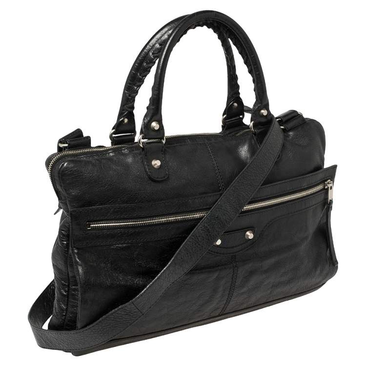 Pre Owned Balenciaga Black Crinkled Leather Briefcase Bag