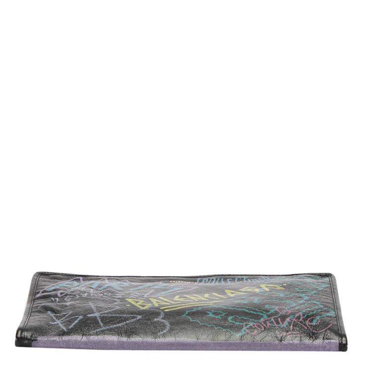 Pre Owned Balenciaga Black Leather Graffiti Bazar Clutch Bag