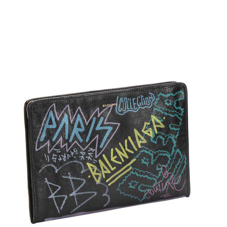 Pre Owned Balenciaga Black Leather Graffiti Bazar Clutch Bag