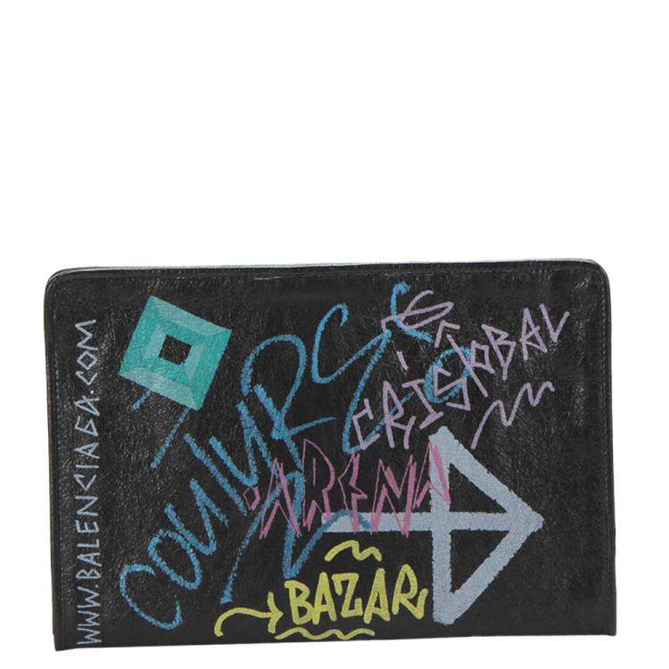Pre Owned Balenciaga Black Leather Graffiti Bazar Clutch Bag