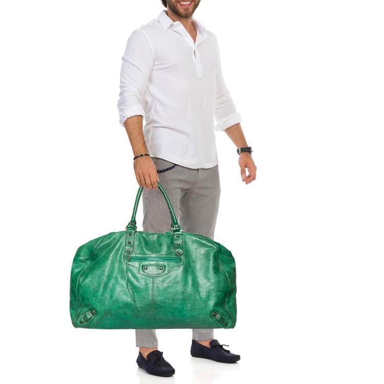 Pre Owned Balenciaga Green Leather Motorcross Voyage Duffel Bag